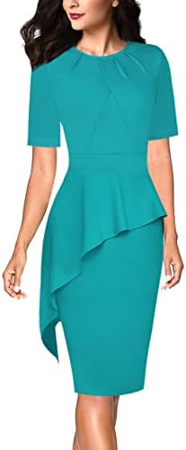 VFSHOW Womens Light Green Pleated Crew Neck Asymmetrical Big Peplum Work Business Office Bodycon Pencil Sheath Dress 9307 GRN 3XL