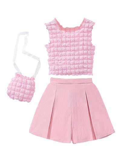 Image of Little Girls 2pcs Sleeveless Lettuce Trim Ruffle Tank Tops and Pleated Elastic Waist Short Sets with Bag
