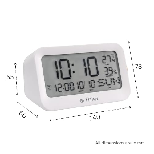 Image of Titan Digital Alarm Clock with LCD Display, Day Date Month Temperature & Humidity, Model T0006PD01 | 14 cm x 7.8 cm x 6 cm