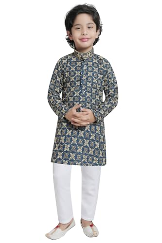 Image of TinySteps Boys' Ethnic Wear - Cotton Lakhnavi Chikan Kurta with Golden Sequence Work and Elastic Waist White Cotton Pajama - Festive & Wedding Outfit