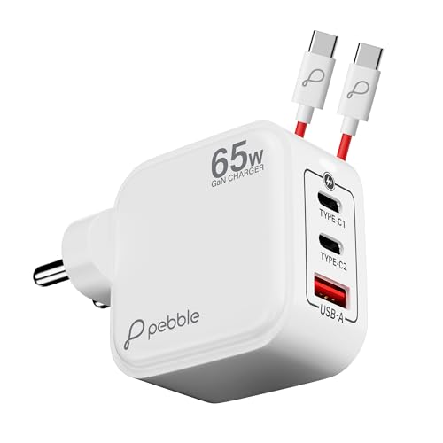Image of Pebble PWC121 65W GaN Ultra Fast Charger | 3-Port Compact Adapter (2 Type-C + 1 USB) | Smart Power Delivery | Excessive Power & High Voltage Protection | Lightweight Travel-Friendly with Cable