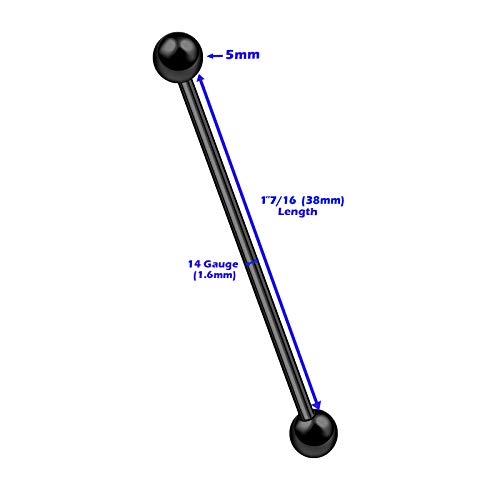 MATIGA 2Pcs Anodized Titanium 14g 1 1/2 38mm Industrial Piercing Studs Jewelry Earring Scaffold Cartilage 5mm Ball Cone More Choices3