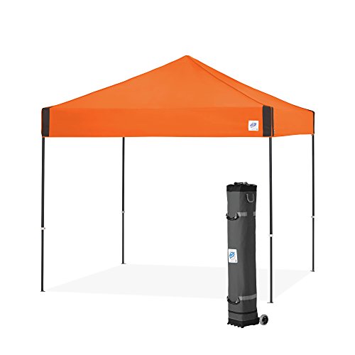 E-Z UP Pyramid Instant Shelter Canopy, 10' x 10' with Wide-Trax Roller Bag & 4 Piece Spike Set, Steel Orange