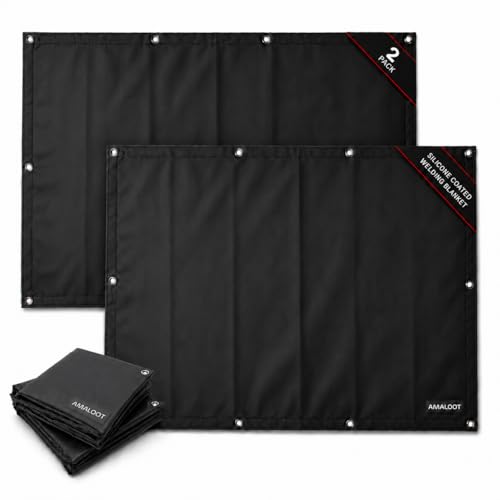 AMALOOT Heavy Duty Welding Blanket 2-Pack Silicone Coated Fiberglass Fireproof Blanket with Kevlar Stitching 4ft x 6ft Heat Resistant Welding Curtain & Protection for Welding Grill & Smoker