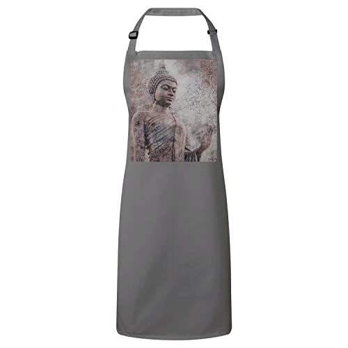 Tablier cuisine gris Bouddha debout pierre style Thaïlande lavable textile