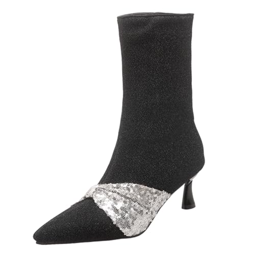 Women's Pointed Toe Kitten Low Heels Ankle Boots Glitter Sequins Pull On Elegant Bowtie Dressy Short Booties