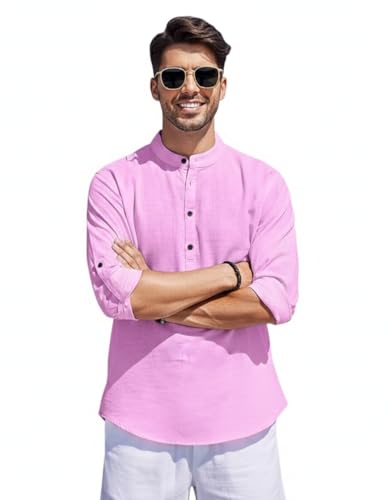 Image of Men's Cotton Blend Straight Kurta Shirt Combo with Mandarin Collar - Slim Fit Casual Short Kurti Set Featuring Textured Slub Fabric and Roll-Up Full Sleeves