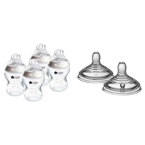 Bundle of Tommee Tippee Natural Start Baby Bottles, with Slow Flow Nipples (9oz, 4 Pack) & Natural Start Baby Bottle Nipples, Medium Flow (3 Months+), 2 Pack