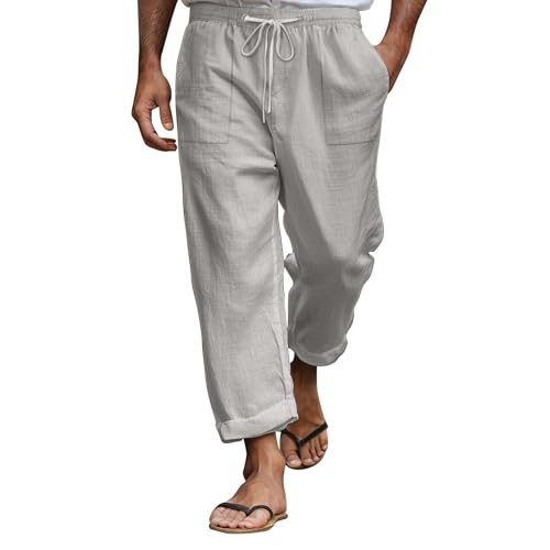 Pantalones de lino largos de verano para hombre, de algodón y lino, ligeros, con cordón, cintura elástica, corte holgado, aspecto de lino, pantalones de tela, pantalones de yoga, pierna ancha, #003