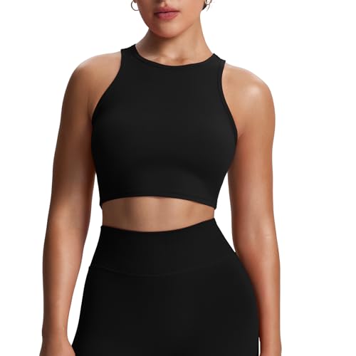 Aoxjox Women's Workout Sleeveless Tank Tops Crew Neck Racer Back Baby Tee Breathable Without Padded Gym Yoga Crop Top