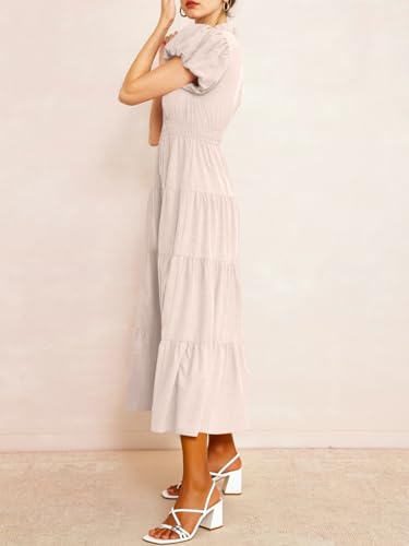 Image of Wenrine Womens Summer Midi Dress A-Line Puff Short Sleeve V Neck Dresses