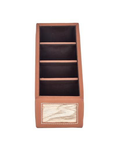 Image of Premsons Remote Holder Artificial Leather with Wooden Finish - 4 Section Tabletop Organizer for TV, AC & Office Desk Accessories - Compact & Stylish Storage Solution for Home & Office - Orange