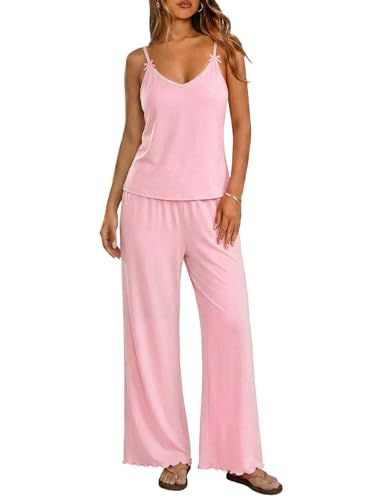 Image of Ekouaer Womens Y2K Cami Pajama Set with Flare Pants, 2 Piece Lace Trim Sleepwear Spaghetti Strap Pjs Set XS-2XL