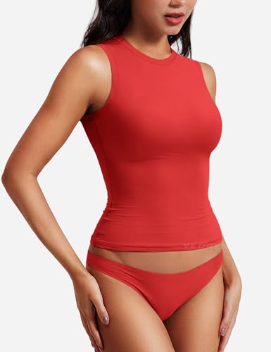 Image of YEOREO Women Basic Mock Neck Workout Crop Top Sleeveless Double Lined Tank Tee Slim Fitted Ruched Going Out Camisole