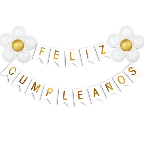 Banner Feliz aniversário em espanhol com flores de balões decoração de festa grinalda e faixa de celebração de aniversários. Cartaz com letras douradas e balões