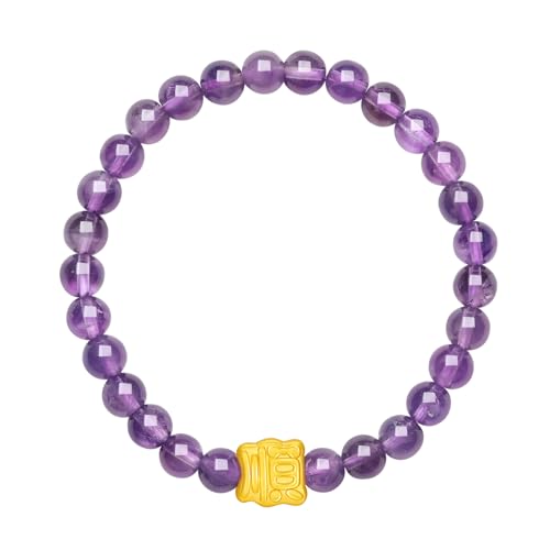 24K Gold Bracelets Amethyst Beaded Blessing Charm Bracelet Natural Gemstone Stretch Bracelet Purple Crystal Jewelry for Women Mom Lover Birthday Aniversary 6.7inch/17cm A19145923
