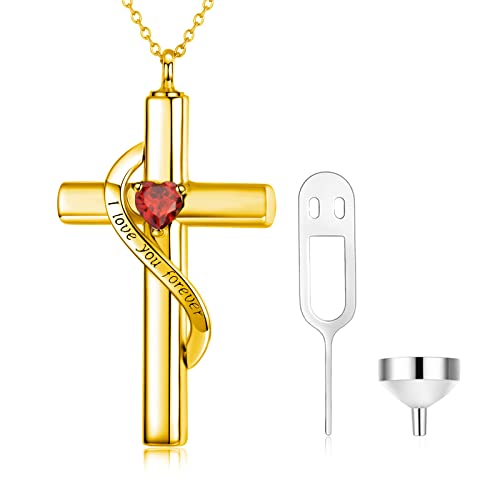 SOULMEET Crystal Cross Necklace for Ashes Gold Plated Silver I Love You Forever Birthstone July Cross Urn Necklaces for Ashes Keepsake Cremation Jewelry for Pet Human Ashes