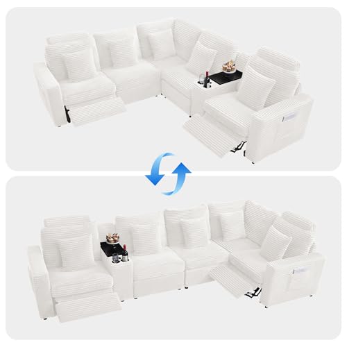 Image of RARZOE Oversized Modular Sectional Sofa with 2 Power Recliner, 5-Seater L-Shaped Corduroy Reclining Couch with Storage Console Charging Cup Holders, Fluffy Reclining Couches for Living Room,White
