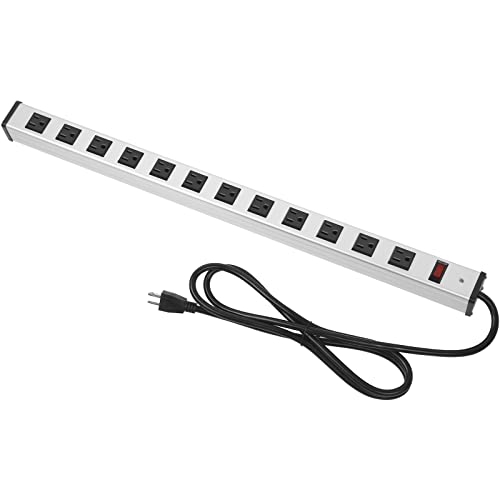 12 Outlet Industrial Metal Power Strip, Wide-Spaced Long Power Strip, Mount Power Outlet, Heavy Duty Large Power Socket with 6 Ft Power Cord, Mounting Brackets Includes (Silver)