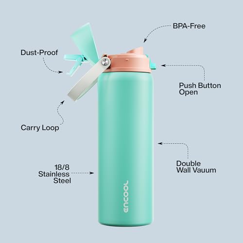 Image of Insulated Water Bottle with Straw - Encool Stainless Steel Water Bottle with Push Button Lid, Leak-Proof & BPA-Free, Keeps Cold for 24 Hours for Sports, Travel, Gym (32 oz, Turquoise)