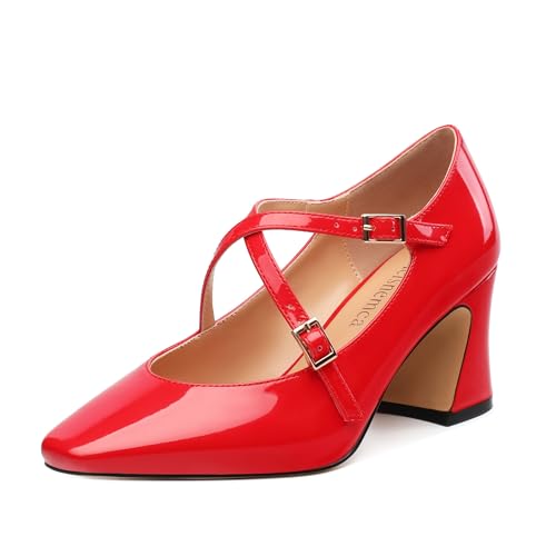 Chunky Block Heels for Women Closed Square Toe Patent Pumps Cross Strap High Heels Evening Party Dress Shoes 2.5IN