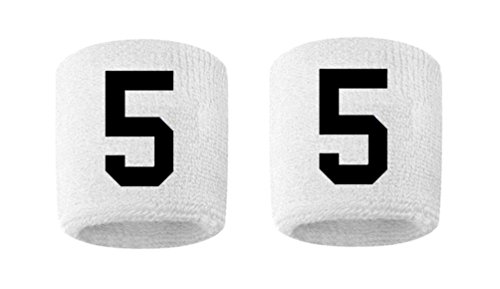 #5 Embroidered/Stitched Sweatband Wristband WHITE Sweat Band w/ BLACK Number (2 Pack)