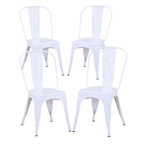 BenyLed Juego de 4 Sillas de Comedor de Metal Apilables, Estilo Vintage Industrial, Apto para Uso en Interiores y Exteriores, Silla de Jardín en Casa, Blanco