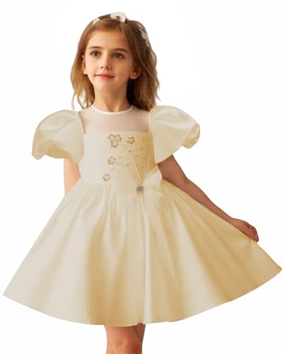Satin Flower Girl Desses for Wedding Puff Sleeve Princess Pageant First Communion Dresses with Bow Knot