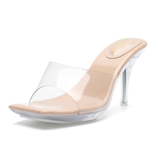 Image of LIURUIJIA Clear Heels For Women Sexy Slip On Open Toe High Heeled Dressy Sandals Comfortable Strappy Mules