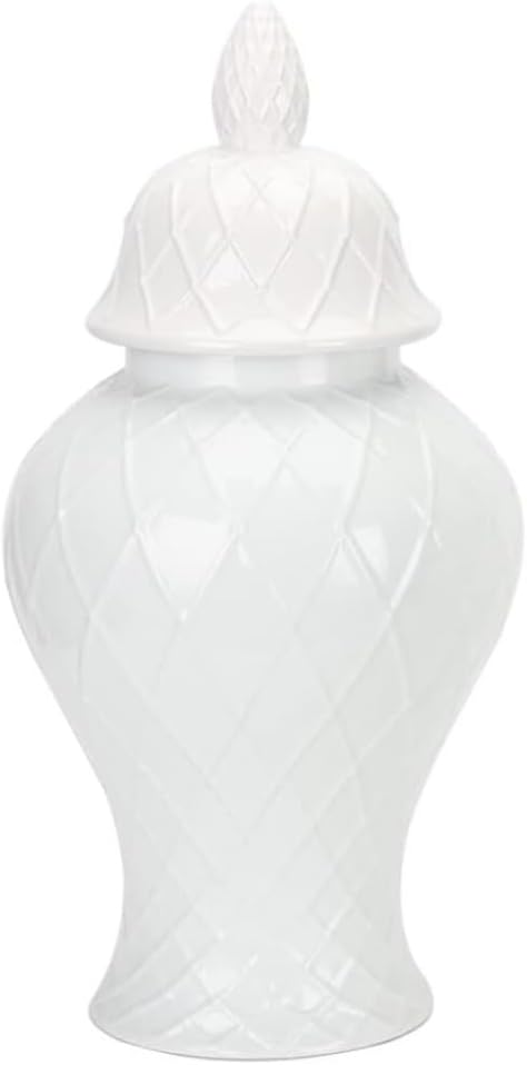 Food Storage Jar,Decorative Jar Ginger Jar Vase Decor White Ceramic Vases Ginger Jar with Lid for Home Decor Diamond Geometric Pattern Temple Jar with Lid Ginger Jars Stora,A-20 * 42Cm