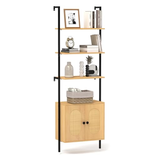 Tangkula 72.5" H Ladder Bookshelf with Cabinet, Farmhouse 3-Tier Wall