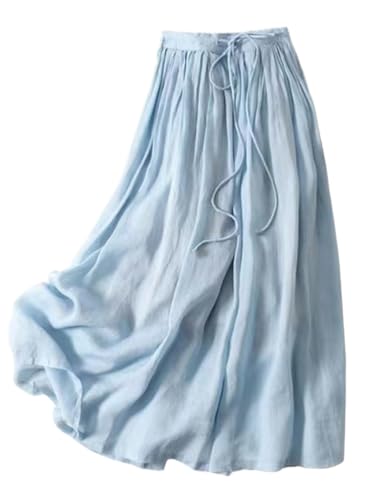 IDEALSANXUN Linen Skirts for Women Spring Summer A Line Drawstring Elastic High Waisted Casual Cute Trendy Flowy Midi Skirt