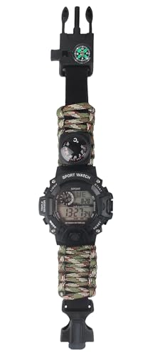 FeiWen Reloj Digital Militar de Supervivencia Multifuncional para Exteriores para Hombres, Correa Impermeable Brújula Termómetro Silbato Pedernal Barra Luz de Fondo