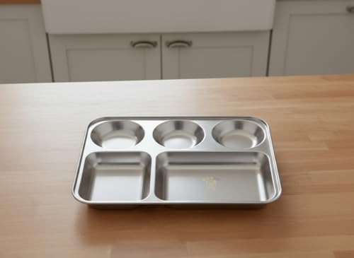 Image of MOHAM Stainless Steel Rectangular Partition Plate 5 in1 /Bhojan Thali /Compartment Plate /Steel Thali /Dinner Plate Pack of 3 of 1 for Breakfast /Lunch /Dinner /Pav Bhaji Plates