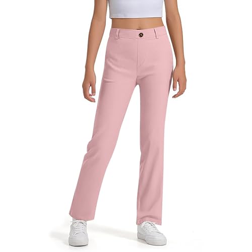 Back to School Fashion Boys Uniform Pants Kids School Dress Pants Elastic High Waist Straight Leg Stretch Relaxed Chino Trousers with Pockets Pink, 13-14 Years