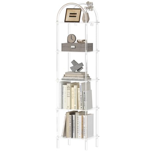 CRTERICX 5-Tier Acrylic Arched Bookcase Clear Narrow Bookshelf for Small Space 13.8W x 11.8D x 57.1H Open Display Book Shelves for Home Office Living Room Bedroom Modern