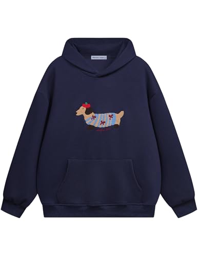 Aelfric Eden Cartoon Dog Hoodie Couple Hooded Sweatshirt Long Sleeve Pullover Oversized Hoodies 2025 Outfits Navy Blue