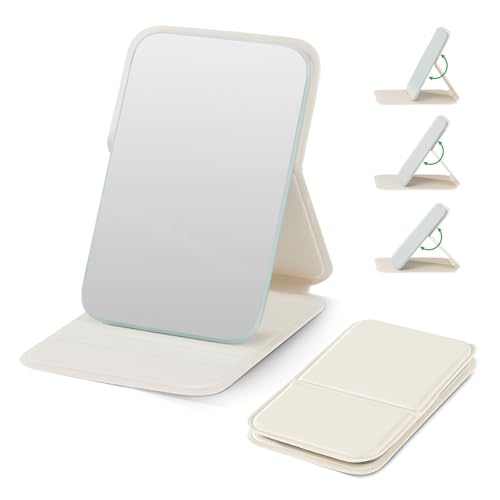 Image of vpu Foldable Compact Makeup Mirror, Portable Pocket Travel Mirrors Ultrathin Handheld PU Rectangular Standing Cosmetic Mirror with Adjustable Stand Suitable for Camping, Home, Office, Travel