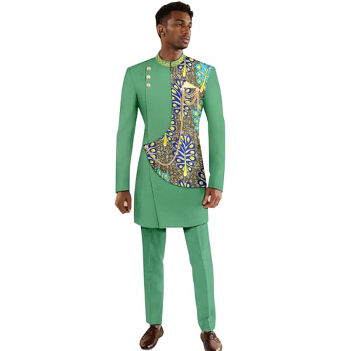 Men`s Suit Slim Fit Embroidery Gold Chain Single Breasted Print Blazer and Trousers Set African Clothes