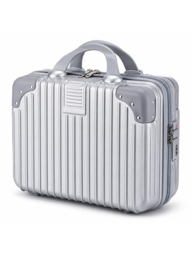 Image of BLUE BEADS Travel Makeup Case with Lock & Luggage Strap, ABS Hard Shell Cosmetic Vanity Case, Portable Makeup Organizer for Women, Beauty Storage Box for Makeup & Toiletries (Silver, Model 3)