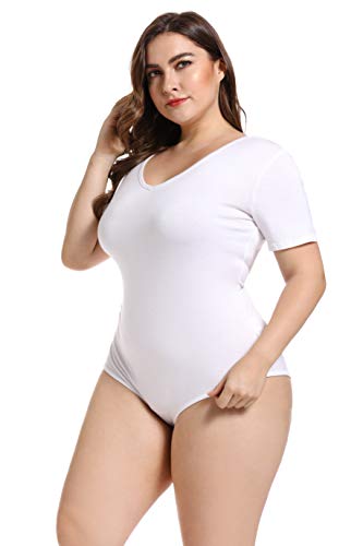 SICILY Women Bodysuit Plus Size Short Sleeve Tops Basic V-Neck Leotard Bodysuits T Shirt Bodycon White X-Large