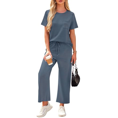 Two Piece Sets for Women Summer Outfits Lounge Sets Mock Neck Tops Wide Leg Crop Pants Vacation Travel Outfits3