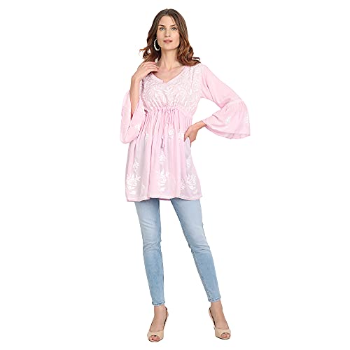 Image of indiankala4u Lucknow Chikankari Hand Embroidered Fit and Flared Top, Short Kurti for Women, Modal Cotton