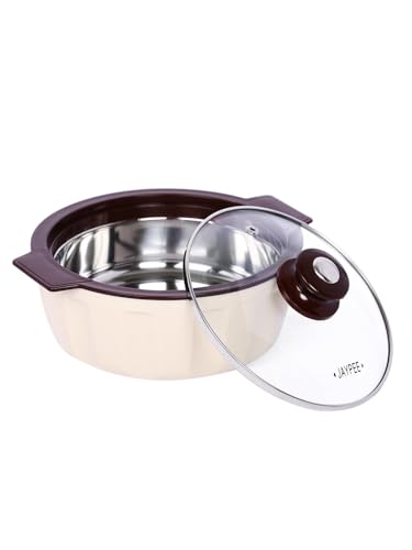 Image of JAYPEE Glamerole Inner Stainless Steel Serving Casserole | Toughened Glass Lid PUF Insulated Hot Pot Hot Box for pulao Roti Box Small Casserole| Food Grade | 1200 ml, S.Coffee