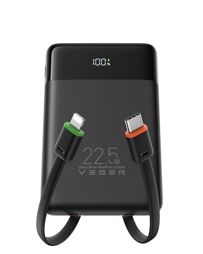 VEGER 10000mAh Power Bank con Cavi Integrati, 22.5W Ricarica Rapida Caricatore Portatile, Sottile Compatto USB C Powerbank LED Display con 4 Uscite e 3 Ingressi Compatibile con iPhone Huawei Xiaomi