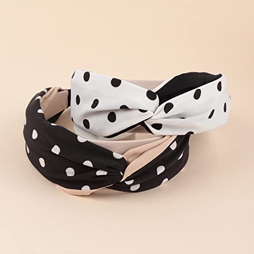 Statement Fashion Headband - Hair Accessories Bow Criss Cross Tie, Turban Fabric Wrap Bohemian Top Knot, Faux Pearl, Rattan Straw, Plaid, Gingham (Twisted Headband - Small Tone Polka Dot Black) #TOP1
