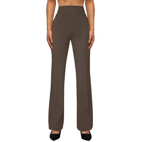 Womens Straight Leg Dress Work Pants High Waist Stretchy Business Casual Pants Office Trousers Slacks Chocolate Brown Small