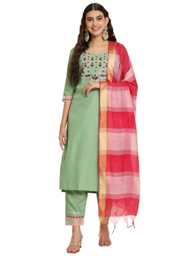 Image of VredeVogel Women's Cotton Blend Kurta Pant Set with Chanderi Silk Dupatta