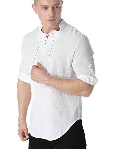 GAESHOW Mens Hippie Shirt, Lightweight Cotton Long Sleeve Beach Yoga Tunic Loose Fit Henleys Tops White