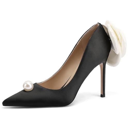Wedding Shoes with 4' High Stiletto Heel and Pointed Toe for Women Bride Braidsmaid, Ivory White Pearl and Flower in Details for Prom Events
